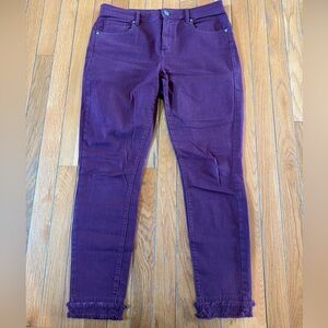 Ann Taylor Loft modern Skinny Raw Hem Leg Denim Stretch Merlot Wine Sz 6 / 28